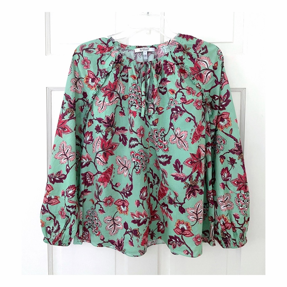 Derek Lam 10 Crosby Devon Floral Print Blouse Shirt Mint Green Red Peasant 4